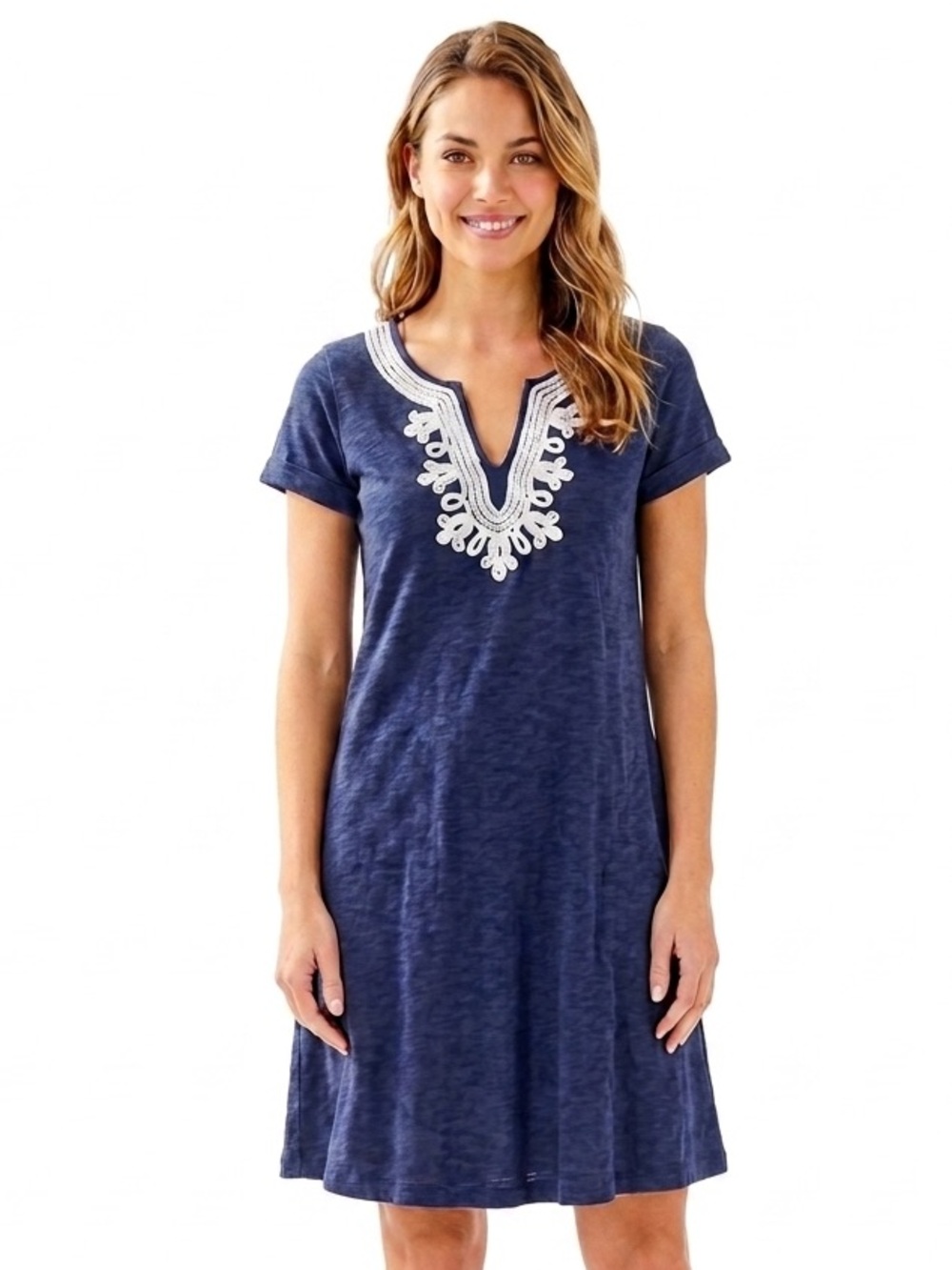 Lilly Pulitzer Maisy Swing T-Shirt Dress Navy with White Soutache Embroidery